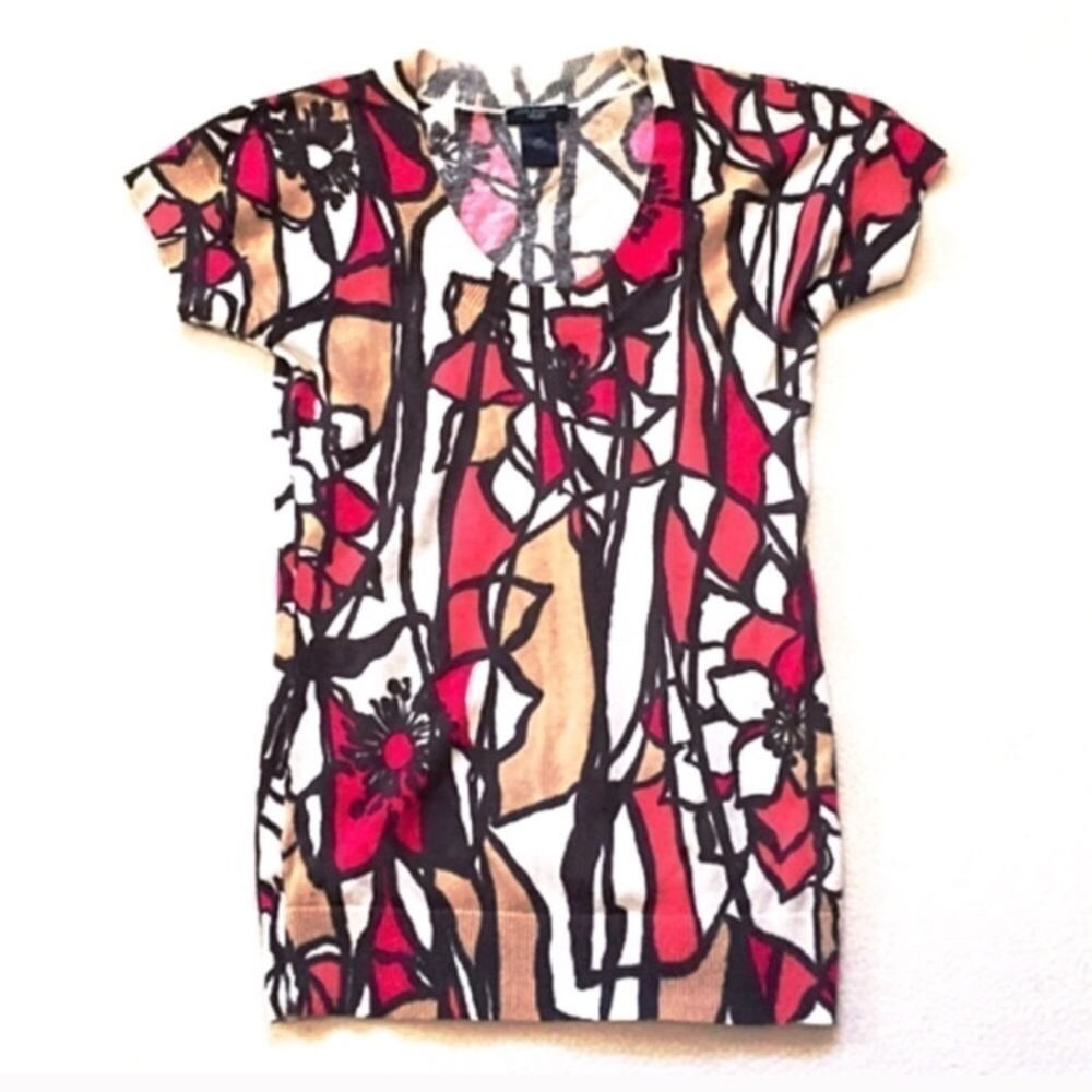 Ann Taylor cap sleeve floral knit scoop neck pullover top pink white brown XSP